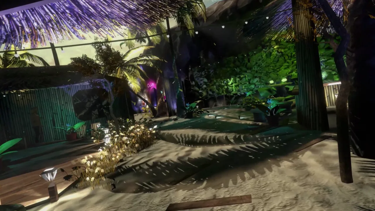 A jungle path with neon lights on the island