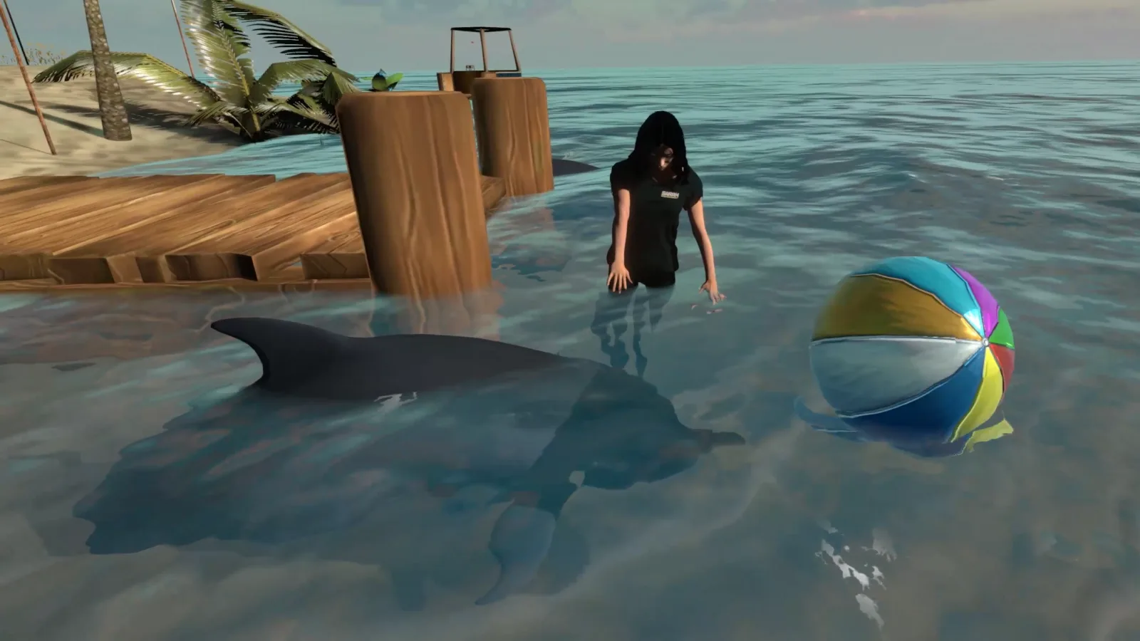 Players by the pier in the clear, shallow water of the island
