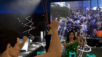 Avatars partying on a packed dance floor