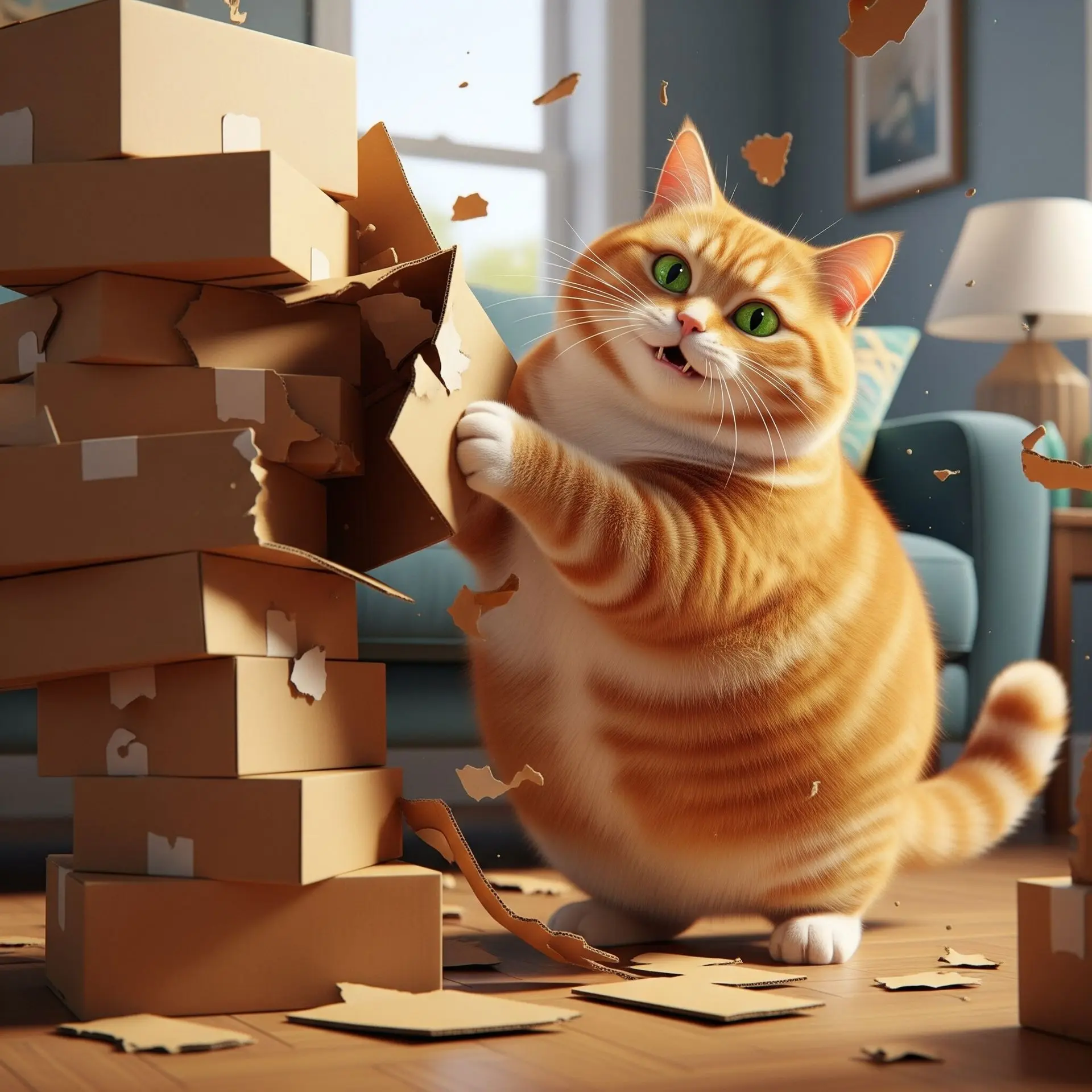 Cat-apult concept art: a chubby orange cat smashing through a tower of boxes
